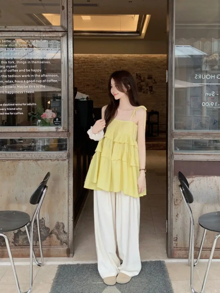 Camisole Lace Up Multi-Layer Ruffled Blue Fresh 2024 Summer New Style Women'S Korean Style Loose With Design Top