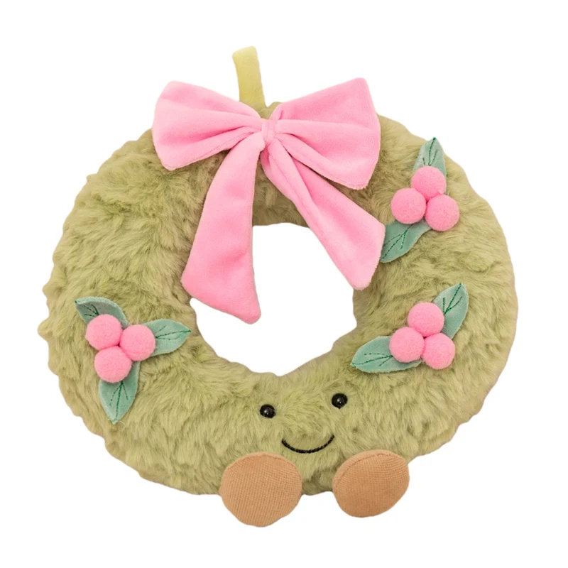 Sweet Green Wreath Plush Toy Stuffed Smiling Humanoid Pink Bow Tie Plushie Kawaii Home Decor Christmas Gift