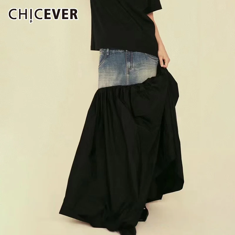 

CHICEVER Streetwear Colorblock Skirts For Women High Waist Patchwork Denim Vintage Loose A Line Skirt Female Fashion Clothing