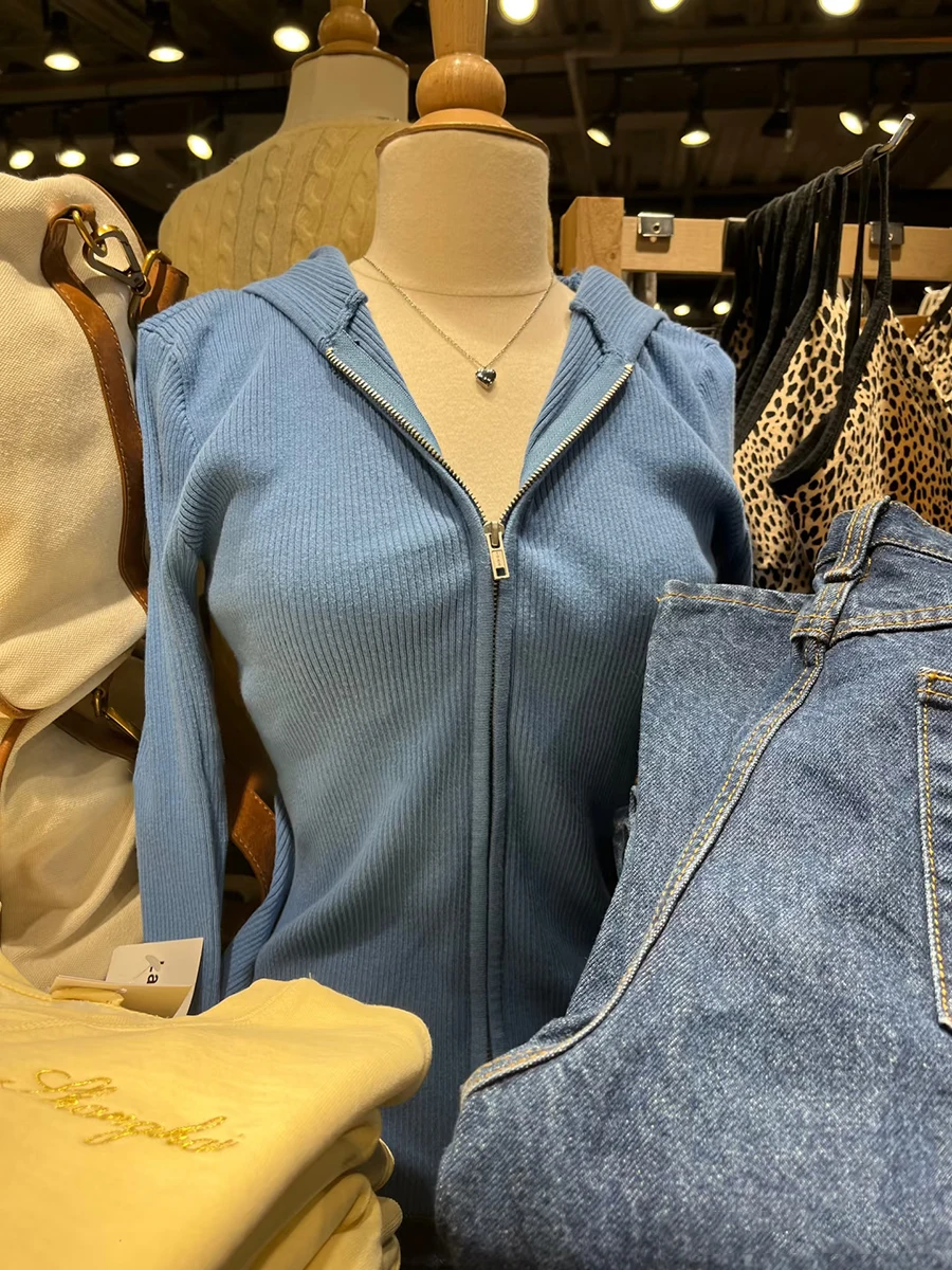 

Solid Slim Knitted Hooded Sweater Cardigan Autumn Double Zippers Long Sleeve Sweaters Women Vintage Simple Blue New Knitwear Top