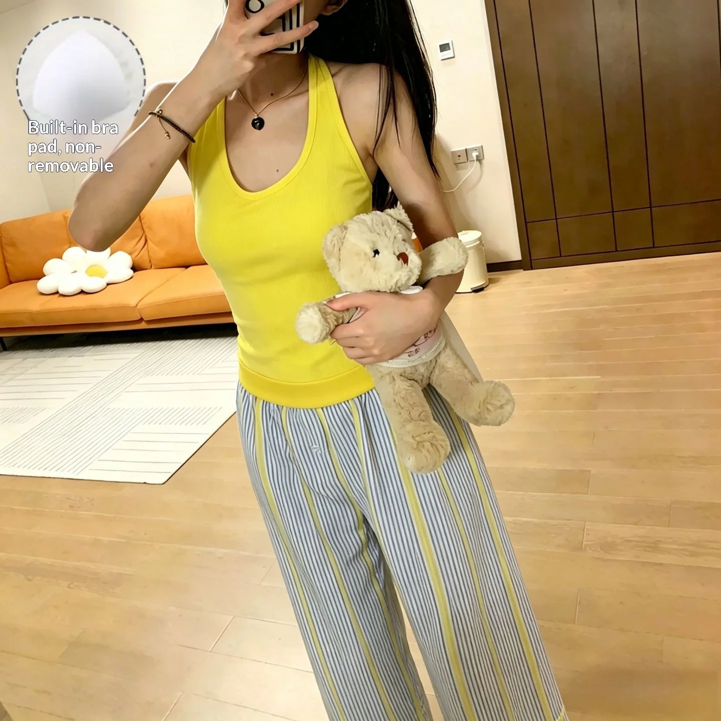 Women's Summer Korean Style Camisole Pajamas, Sweet and Simple for Girls, With Chest Pads, Casual Long Pants Homewear Set 2