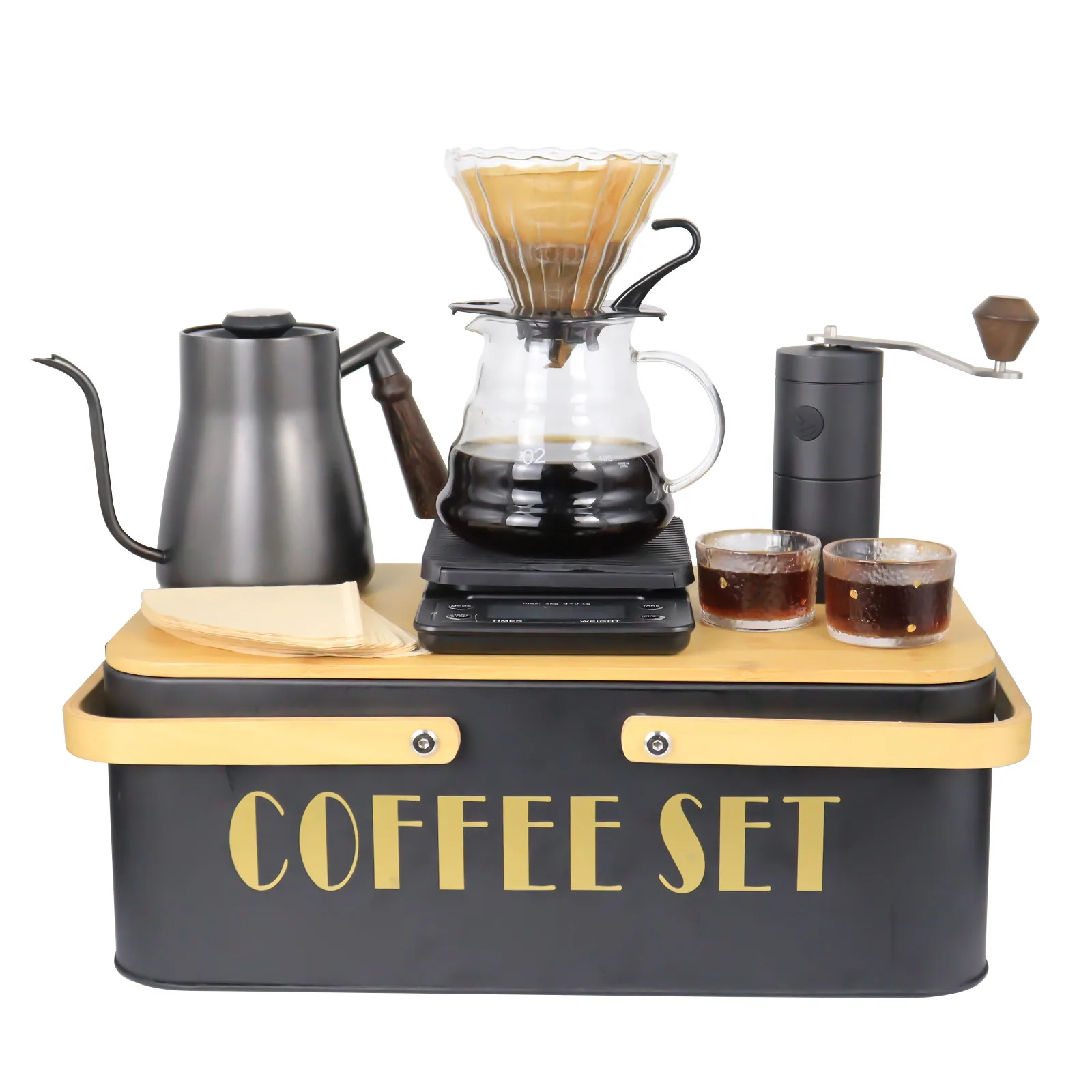 Pour Over Coffee Maker Set for Outdoor Camping Fishing with Box Manual Grinder kettle Glass Dipper Server Cup Filter Paper