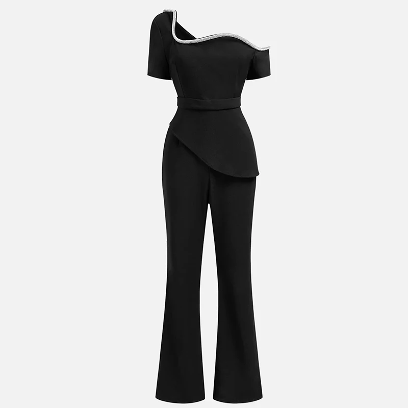 Women Fashion High Waist Slim Party Rompers Casual Flare Pants Solid Playsuits Elegant Asymmetrical Short Sleeve Long Jumpsuits