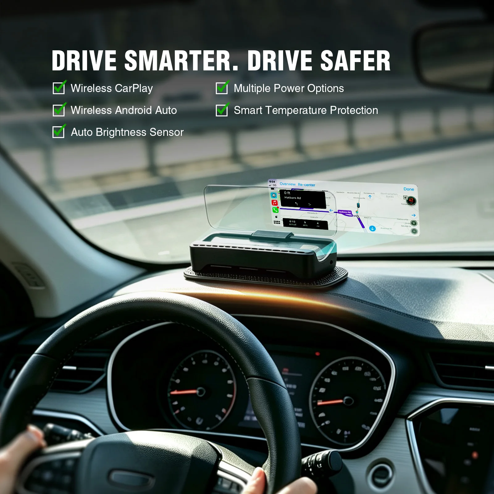 HUD Car GPS V3 Ultra HD Head-Up Display, Wireless CarPlay & Android Auto, O-BD Display Vehicle Speed and Navigation Information view 3