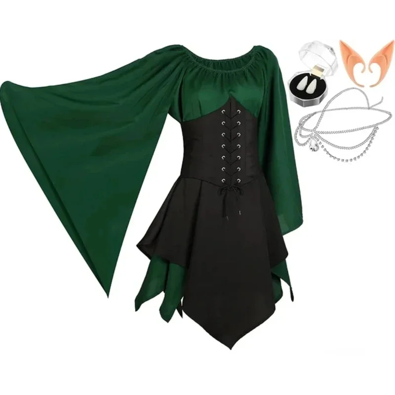 4 Uds Halloween Cosplay Palacio Victoria Medieval Vintage Hada disfraz de elfo para mujer princesa vendaje vestido de Navidad Ptachwork