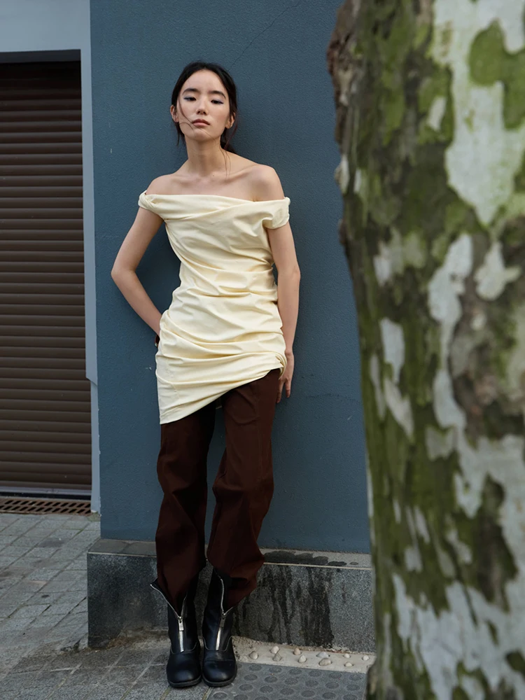 Zhechee Cr Yellow Pleated ort Skirt One oulder Knitted Dr Svel Original Design Fitted Velvet Summer Dr