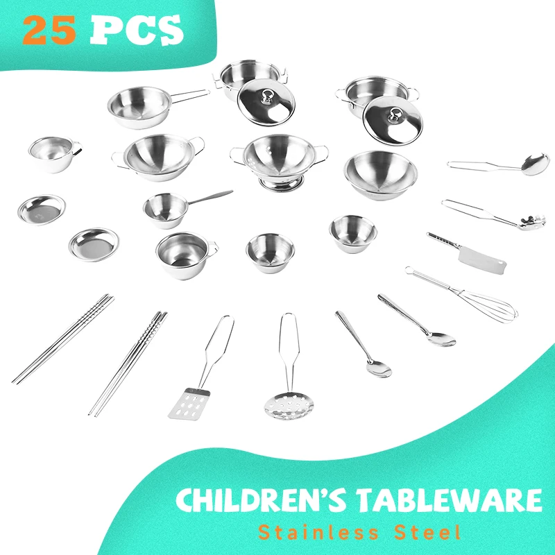 25 قطعة من ملحقات المطبخ التظاهري مع أواني طهي من الفولاذ المقاوم للصدأ ومجموعة أواني ومقالي، أدوات الطبخ، أداة تعلم الهدايا #1