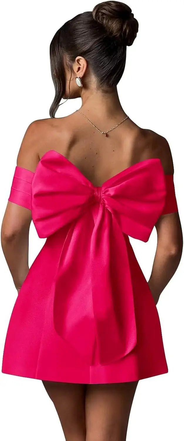 

Off Shoulder Short Satin Homecoming Dresses with Bow Corset A Line Mini Cocktail Party Gown OpenbackSimpleelegantEvening Dresses