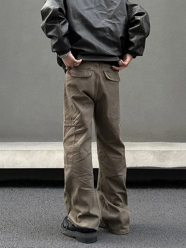 American High Street Maillard Brown Tooling Jeans Men's Straight Cotton Baggy Pants Japanese Streetwear Wide Leg Trousers Man