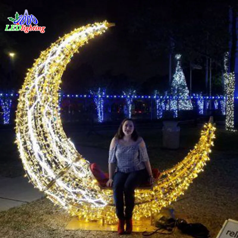 Custom. H:2M vent outdoor ramdan 3d crescent moon decoration motif led metal light holiday