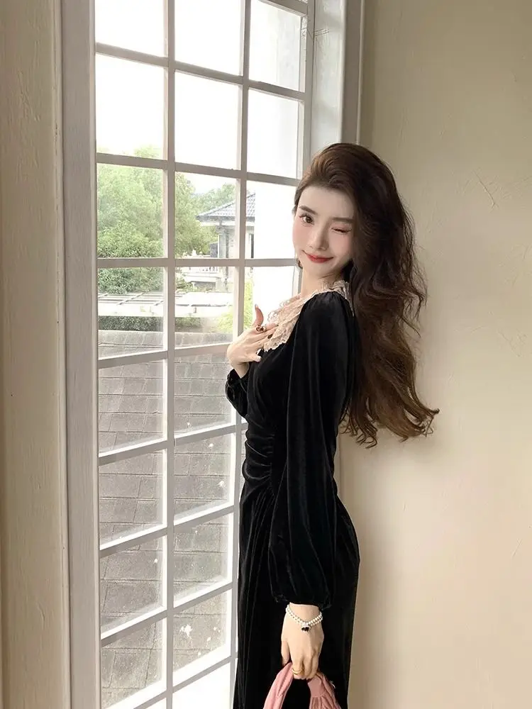 

Women French Autumn Winter New Fashionable Velvet Lace Dress Patchwork Long Sleeve Black Long Outwear X549