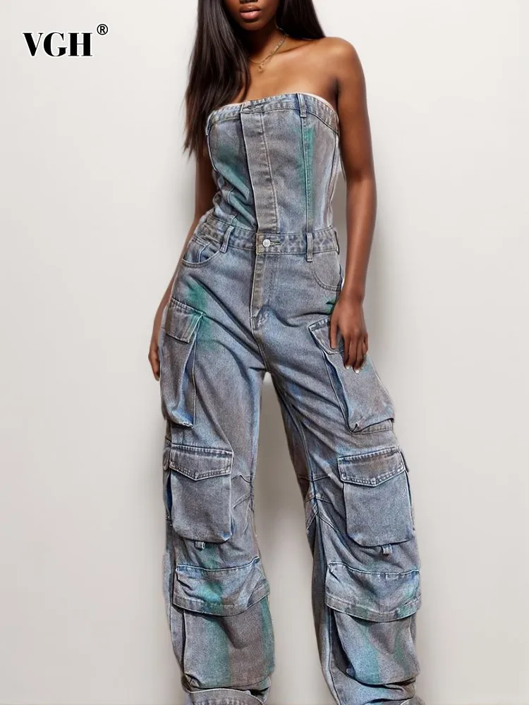 

VGH Patchwork Pockets Casual Denim Jumpsuits for Women Strapless Sleeveless High Waist Off Shoulder Colorblock Jumpsuit Female