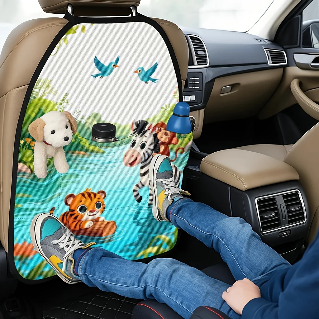2pcs 2D Printed Car Seat Back Protector - Jungle Animal Water Play Theme Pattern, Kick Mat, Easy To Install, Includes Storage Ba