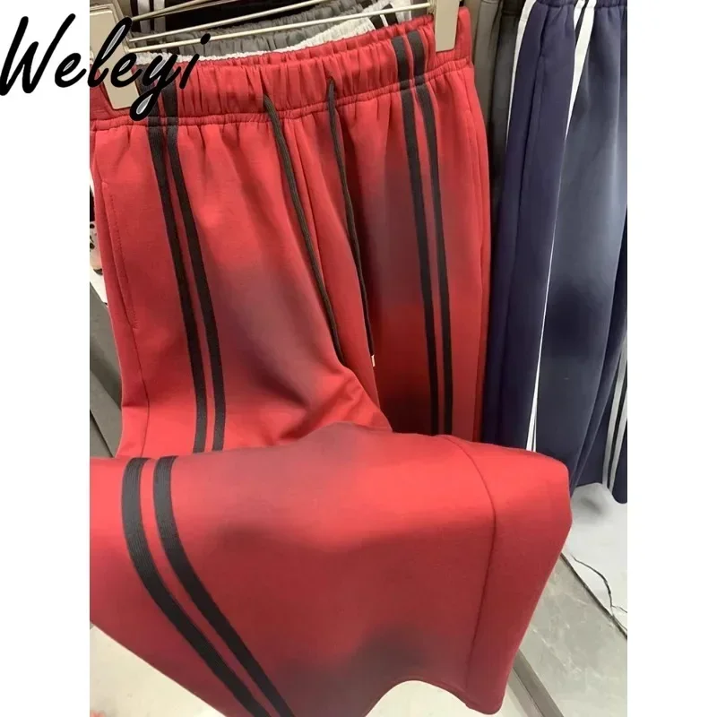 Baggy moda vermelho gradiente cor sweatpants para as mulheres 2024 primavera e outono novo solto esportes cintura alta calças largas perna femme