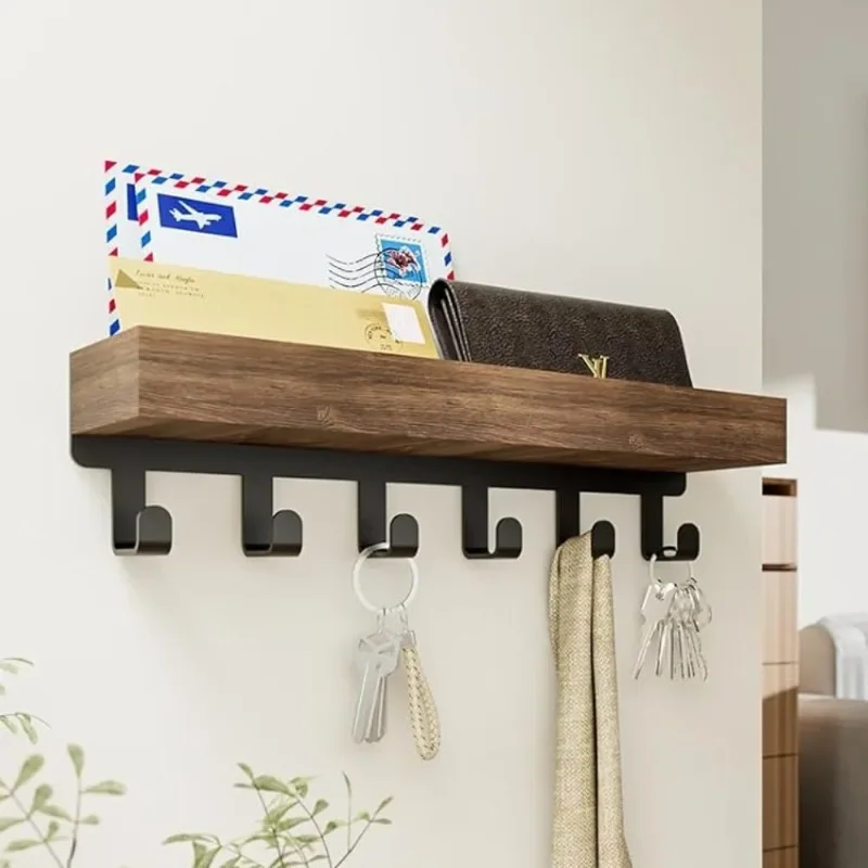 

Wooden Wall Mounted Shelf Floating Organizer Key Holder Nordic Style For Living Room Versatile Wood Tray Caddy Card stand Book
