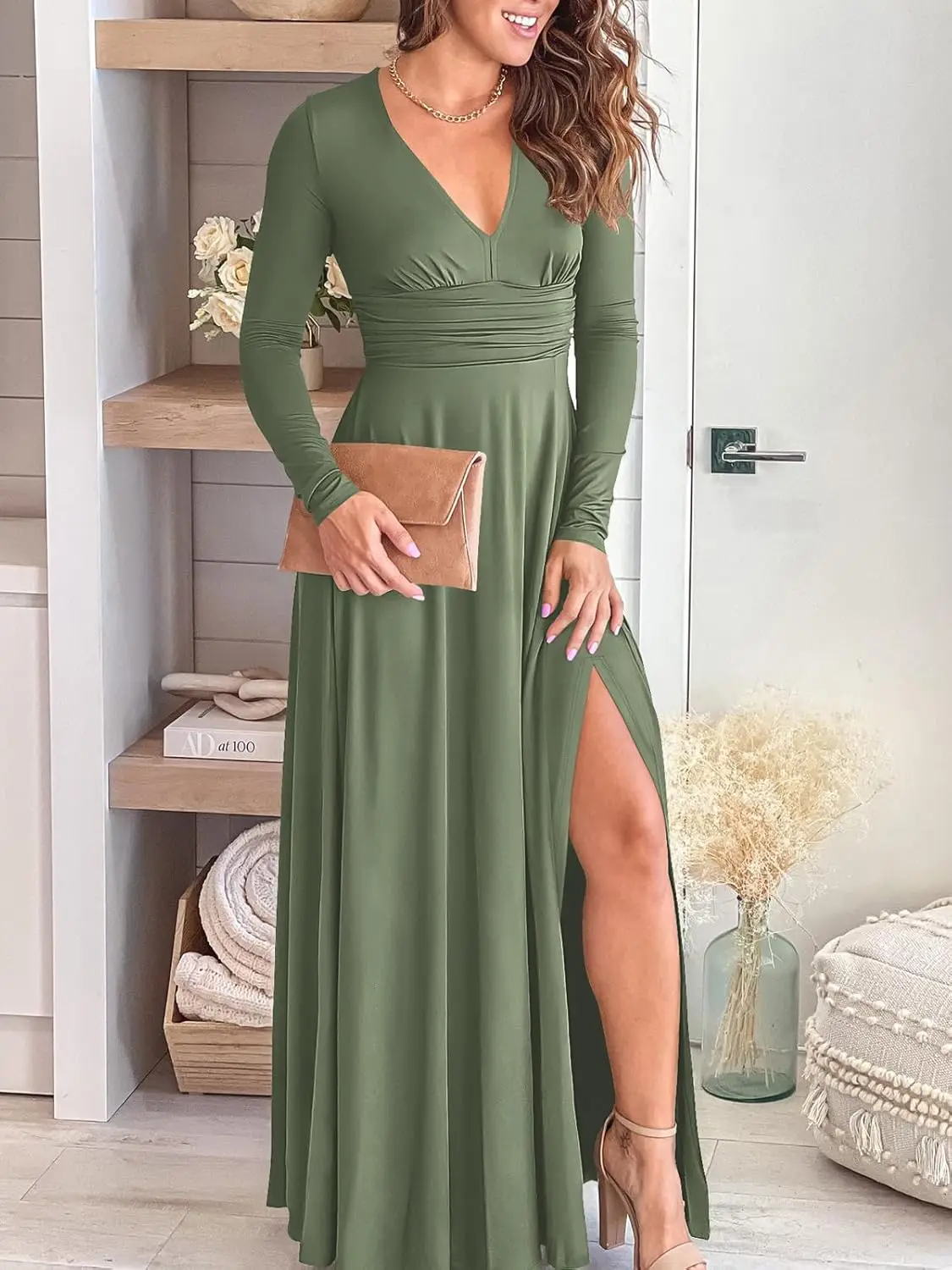 Vestido largo maxi para mujer, cuello en V profundo, manga larga, abertura, otoño 2025, elegante, formal, invitados de boda, cóctel, noche, fecha, graduación