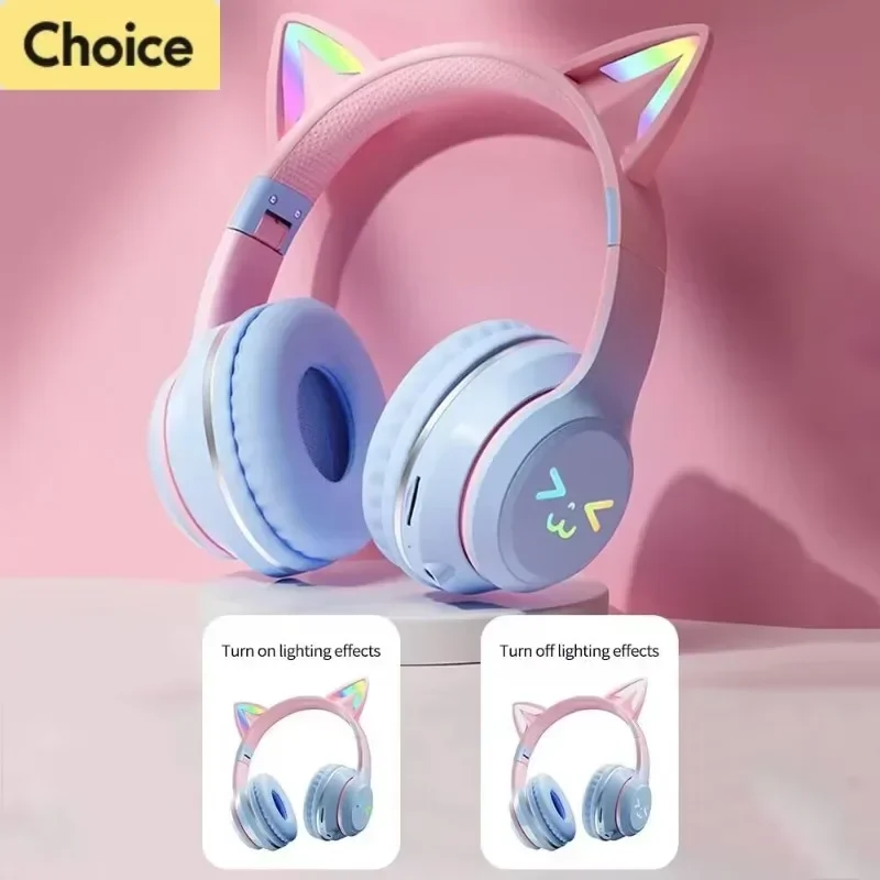 TWS Wireless Headphones RGB Cute Cat Girls Kids Headset with Microphone Stereo Music Gaming Headsets Control lights Earphone P9