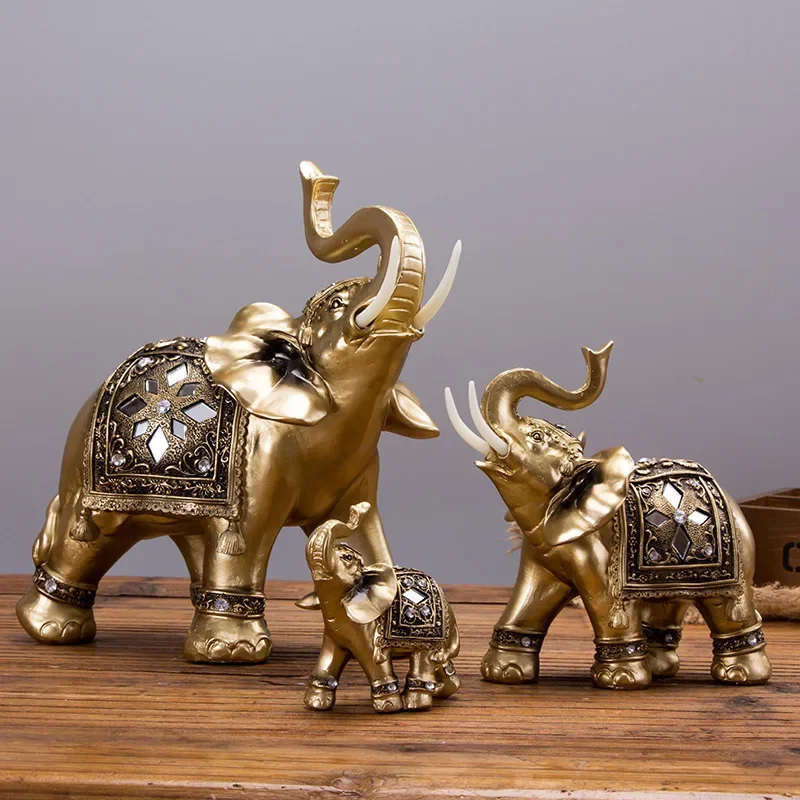 Exquisite Elephant Decorative Statue,Auspicious Feng Shui Gold Elephant Resin Ornaments,Office Desktop Home Decor Figurines