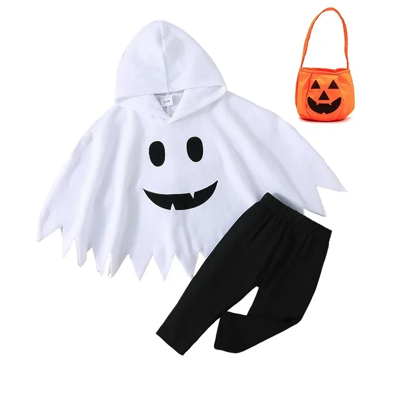 Kinder-Geisterkostüm Weißer Kapuzenponcho mit gezackten Kanten Halloween-Verkleidung für Süßes oder Saures Geburtstagsparty Cosplay-Outfit – Detail 7