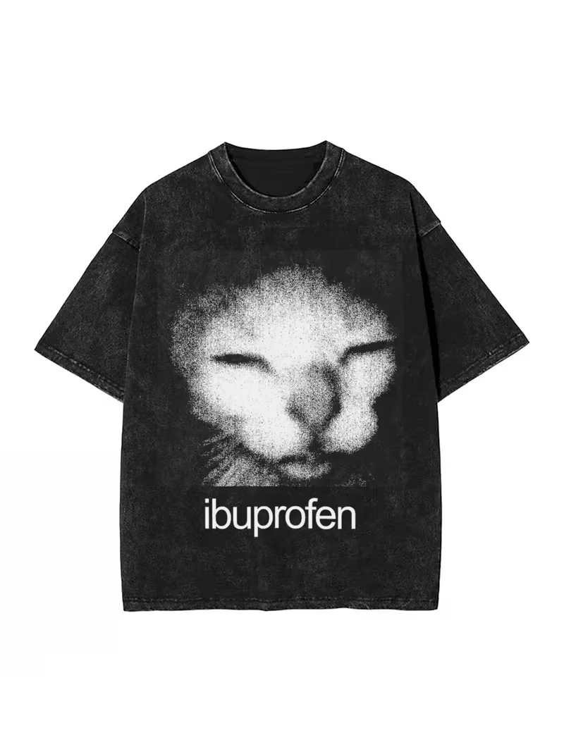 Ibuprofen Cat Meme Washed T-Shirts Streetwear Hip Hop Vintage T-Shirts Tees Tops für Männer Frauen Street Sommerkleidung Unisex – Detail 5