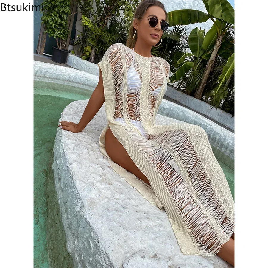 2024 Bikini blanco de verano para mujer, Kimono Sexy de encaje, vestido largo bohemio para playa, caftán holgado transparente, traje de baño tipo