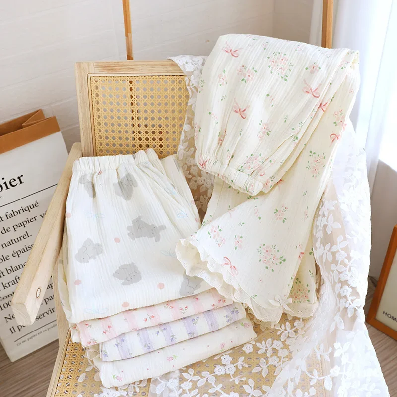 

Sleepy Pants for Women Cotton Spring and Summer Thin Sweet and Floral Printed Trousers with Side Pockets Loose Fit Home Pants