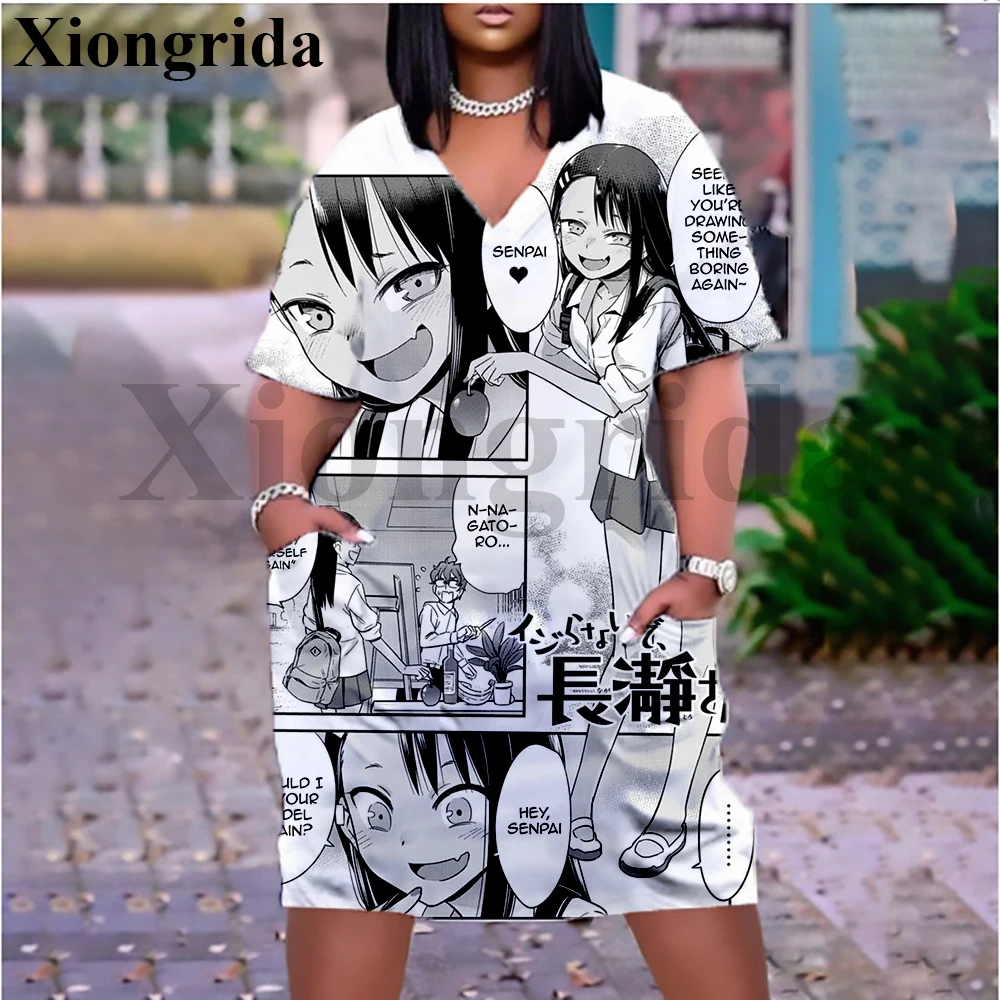 Hentai Sexy Anime Printed Pocket Dress Women 3D Nagatoro Hayase Casual Loose V Neck T Shirt Dress Summer Elegant Female Dress