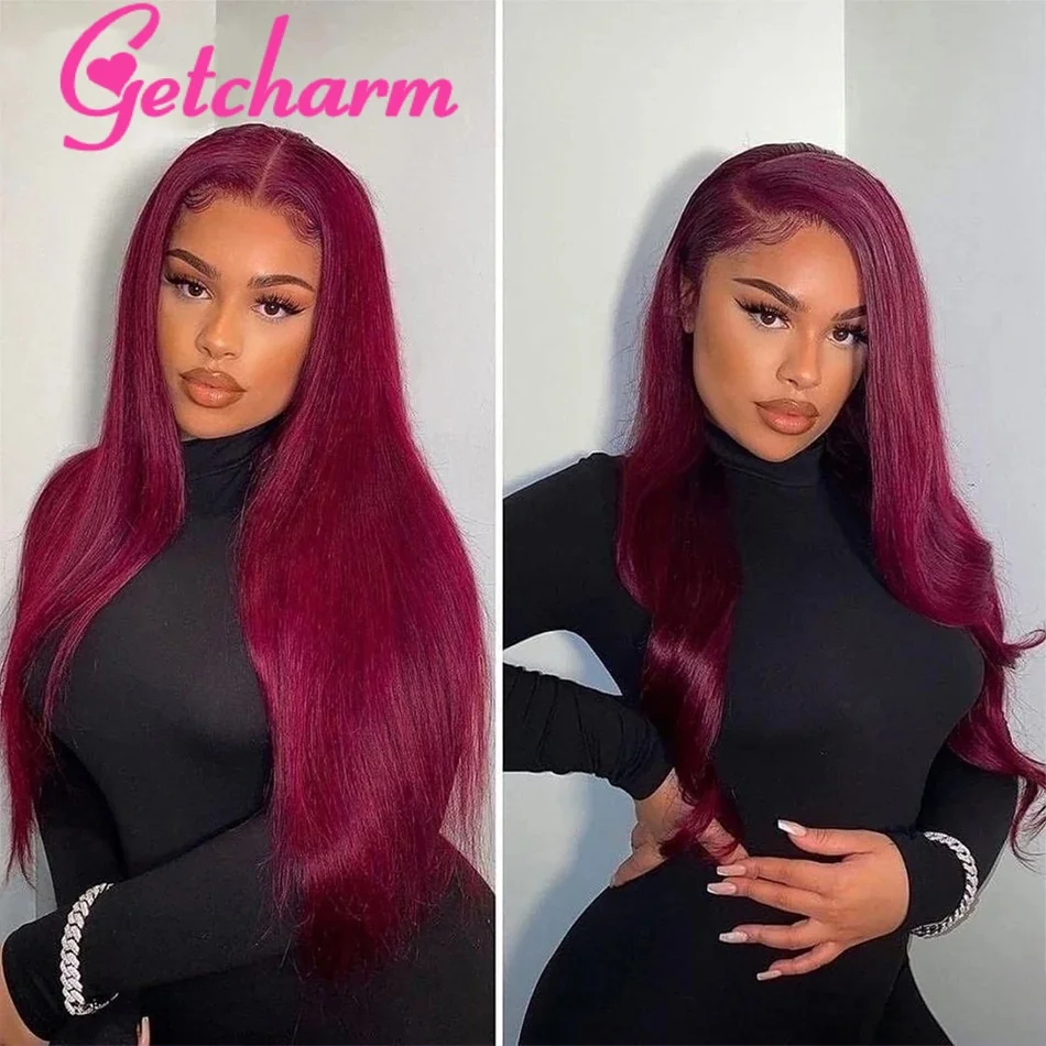 Burgundy 13x4 Straight HD Lace Frontal Wigs Human Hair 180% 99j Red Colored Glueless Lace Front Human Hair Wigs 5x5 Closure Wig