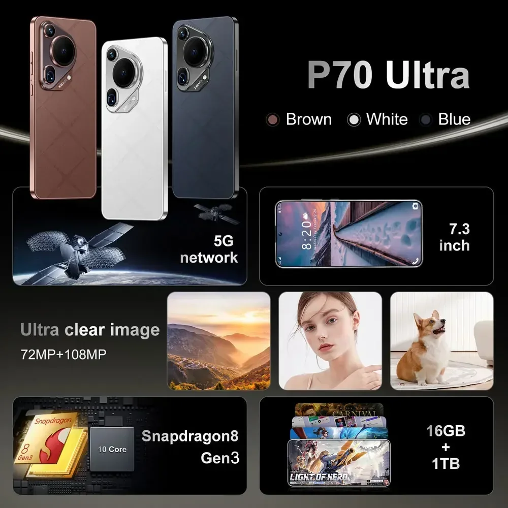 هاتف ذكي P70 Ultra 5G 7.3 pollici 16GB + 1 تيرابايت خلوي ثنائي الشريحة telefono محمول أندرويد 8000 مللي أمبير نسخة محمولة عالمية