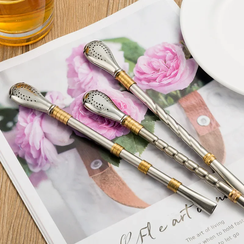 Pajita para beber Yerba Mate, cuchara de té, pajitas reutilizables de acero inoxidable, filtro de té lavable de Metal, vajilla para cóctel y Bar