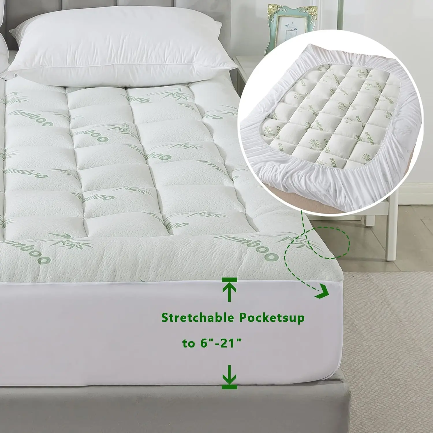 

Analin® Bamboo_Viscose Mattress Topper Full Size, Thick Pillow Top Mattress Pad With Stretchable Pockets For 6-18 Inches