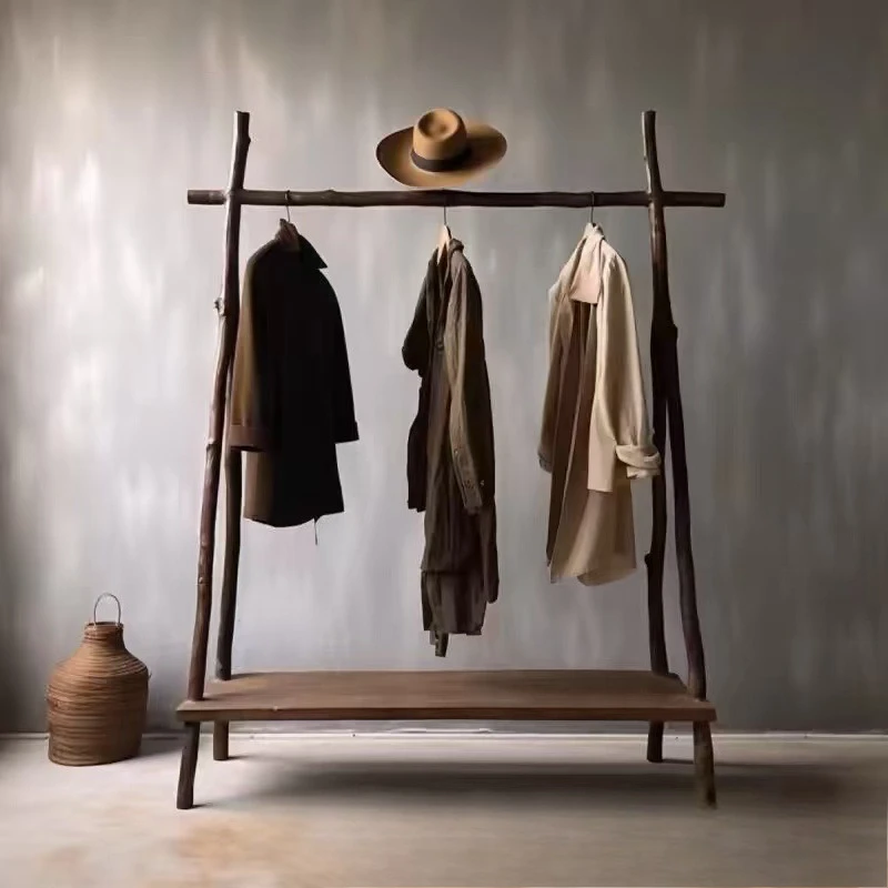 

Solid wood coat rack wabi wind floor-to-ceiling rack retro nostalgic log clothes rod bag rack