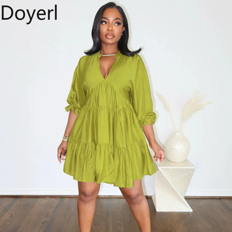 Doyerl Solid Casual Sukienki Bluzki w Kształcie Litery A Damskie z Rękawem Letnie Ubrania Dekolt V Krótki Rękaw Luźne Falbanki Mini Sukienka Koszulowa