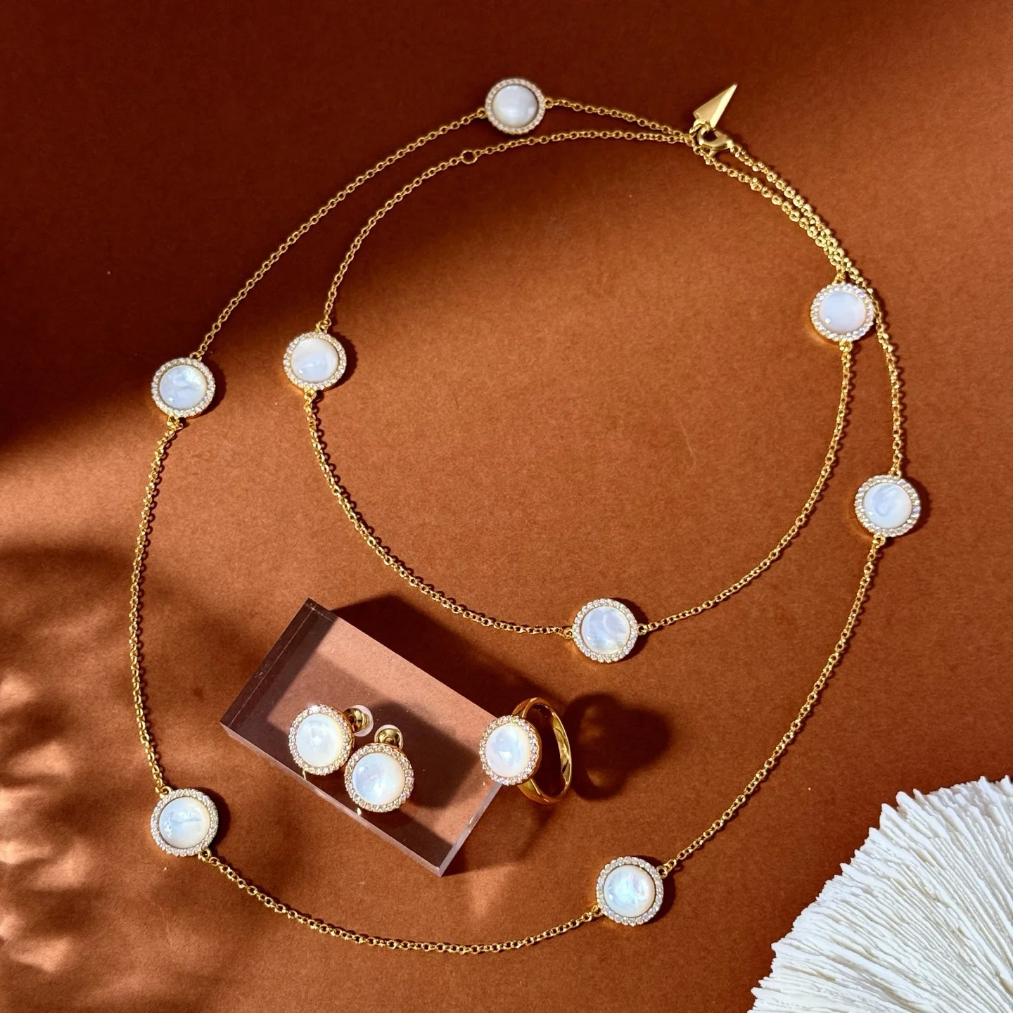 Luxury Sea Shell Chain Necklace Earring Bracelet Ring with Micro-Inlay Zirconia Non-Fading Fashion Jewelry Set