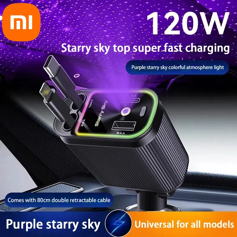

Выдвижное зарядное устройство Xiaomi Starlight на крыше с кабелем Lightning, двойной порт зарядки, адаптер для быстрой зарядки, автомобильное зарядное устройство