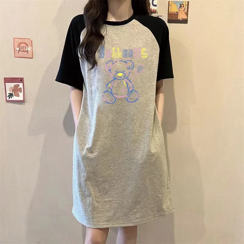 

Summer Japanese Popular Cartoon Lines Bear Printing Loose Round Neck Short Sleeve Women's Dress