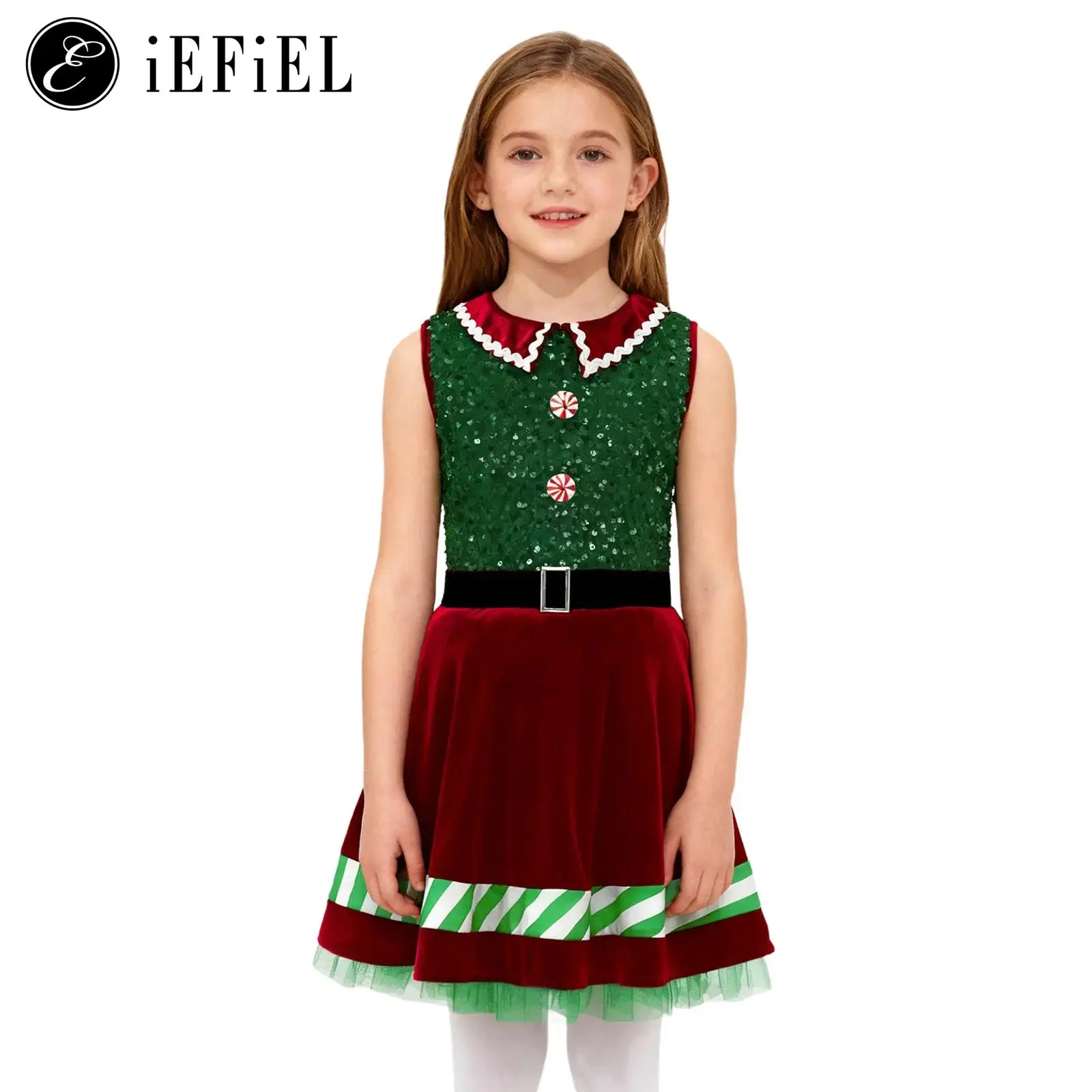 

Girls Miss Santa Christmas Party Fancy Dress-up Sleeveless Lapel Sequins A Line Princess Dress School Xmas Festival Dancwear