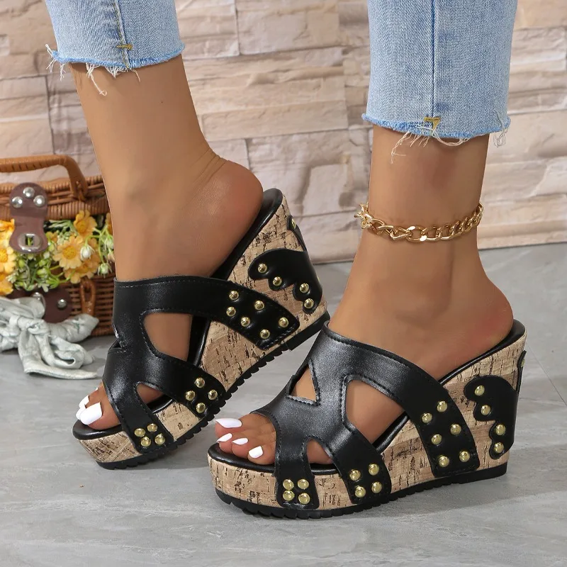 

Womens Knee High Sandals Women'S Slope High Heel Casual Sandals Fashionable Button Hollow Casual Sandals Zapatos Mujer