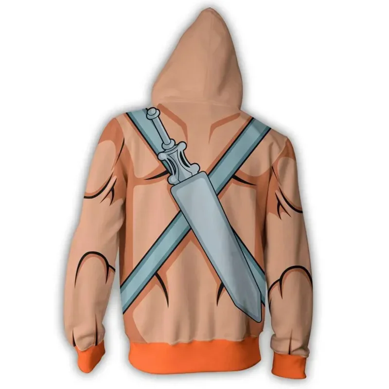 Costume de Cosxie He-Man avec fermeture éclair, sweat-shirt imprimé 3D, sweat à capuche de dessin animé, veste de mode, prix des tiques