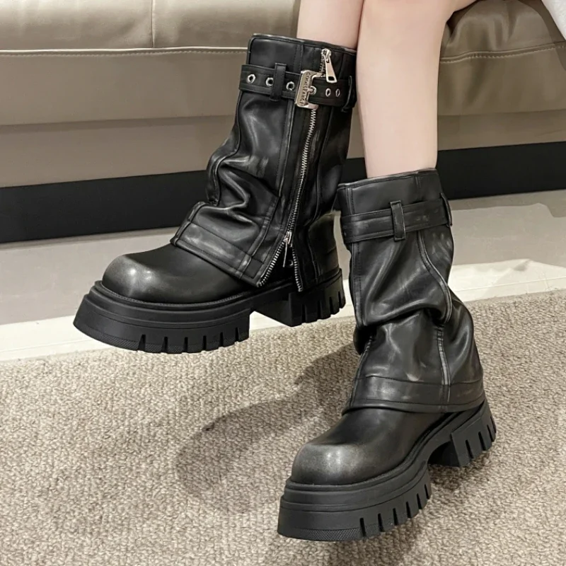 Shoes Female 2024 High Quality Zipper Women's Boots Winter Round Toe Solid Turned-over Edge Platform Water Proof Mid Calf Boots