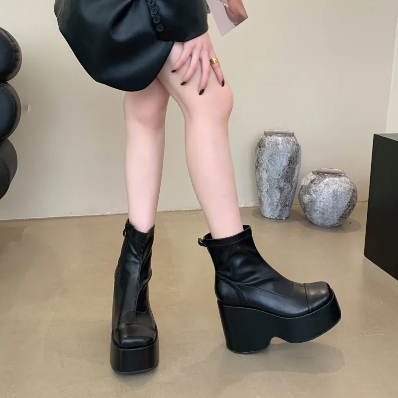 Black Boots Women Wedges Shoes Fall Round Toe Cosplay Ankle Boots Women 2024 Platform Heel Shoe 11cm High Heels Bottines