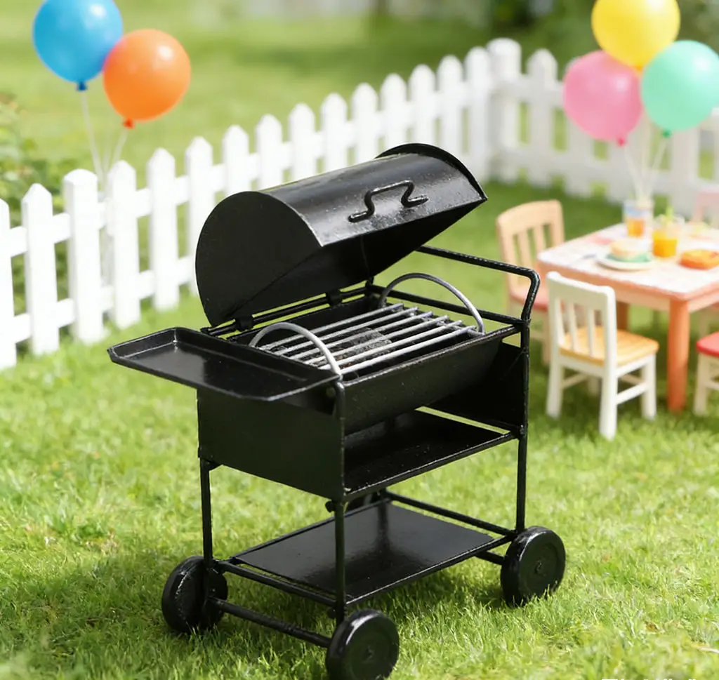 1:12 poppenhuis miniatuur meubilair - simulatie keukengerei buitengrill vierkant BBQ-rek, kinderen fantasiespel speelgoedwagen