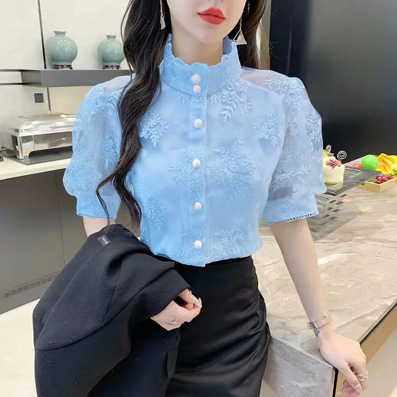 Elegant Lace Embroidery Gauze Oversized Lantern Sleeve Chiffon Shirt Summer Chic Tops Loose Sweet Women Clothing Commute Blouse