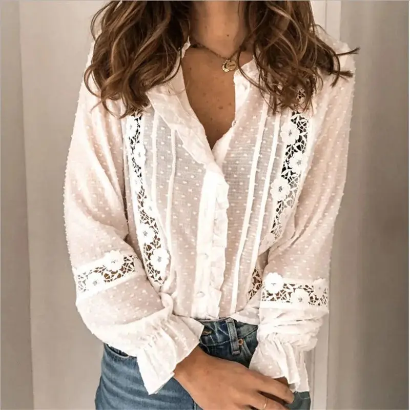 

Women's Faion Lace irt Blouse Long Sve Crochet Hollow out Design Ele Casual Sle for Ladies
