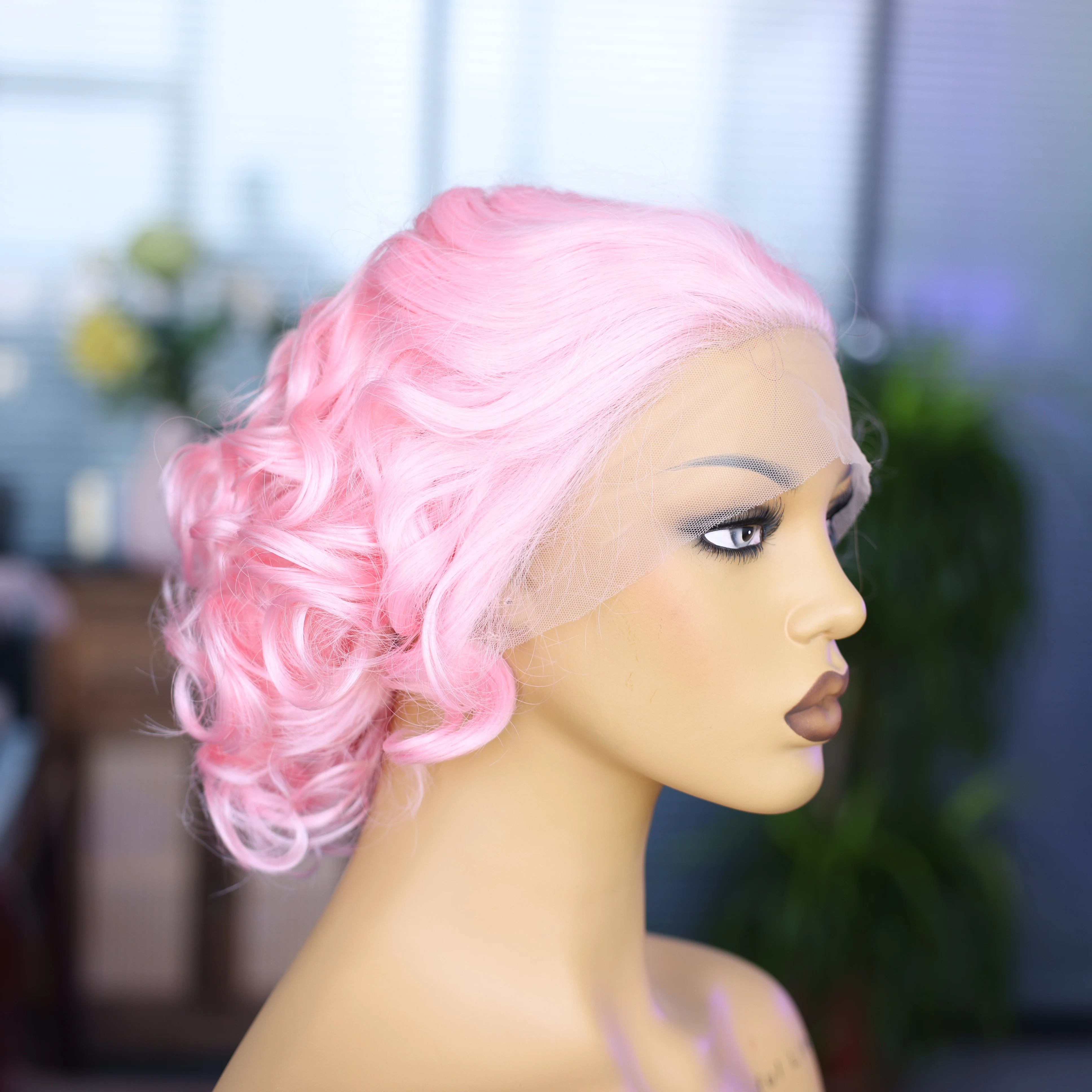 Pink Short Synthetic Wave Wig Natural Hangline Front Lace Mesh Cap Adjustable Elastic Wig Lightweight for Dating Travel Cosplay