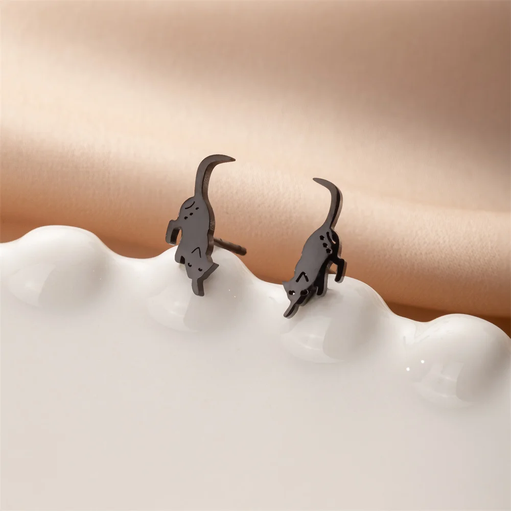 Shuangshuo 1 Pair Cute Walking Cat Stud Earring for Women Small Earrings Lovely Kitten Stainless Steel Jewelry Gift 2024 Trendy