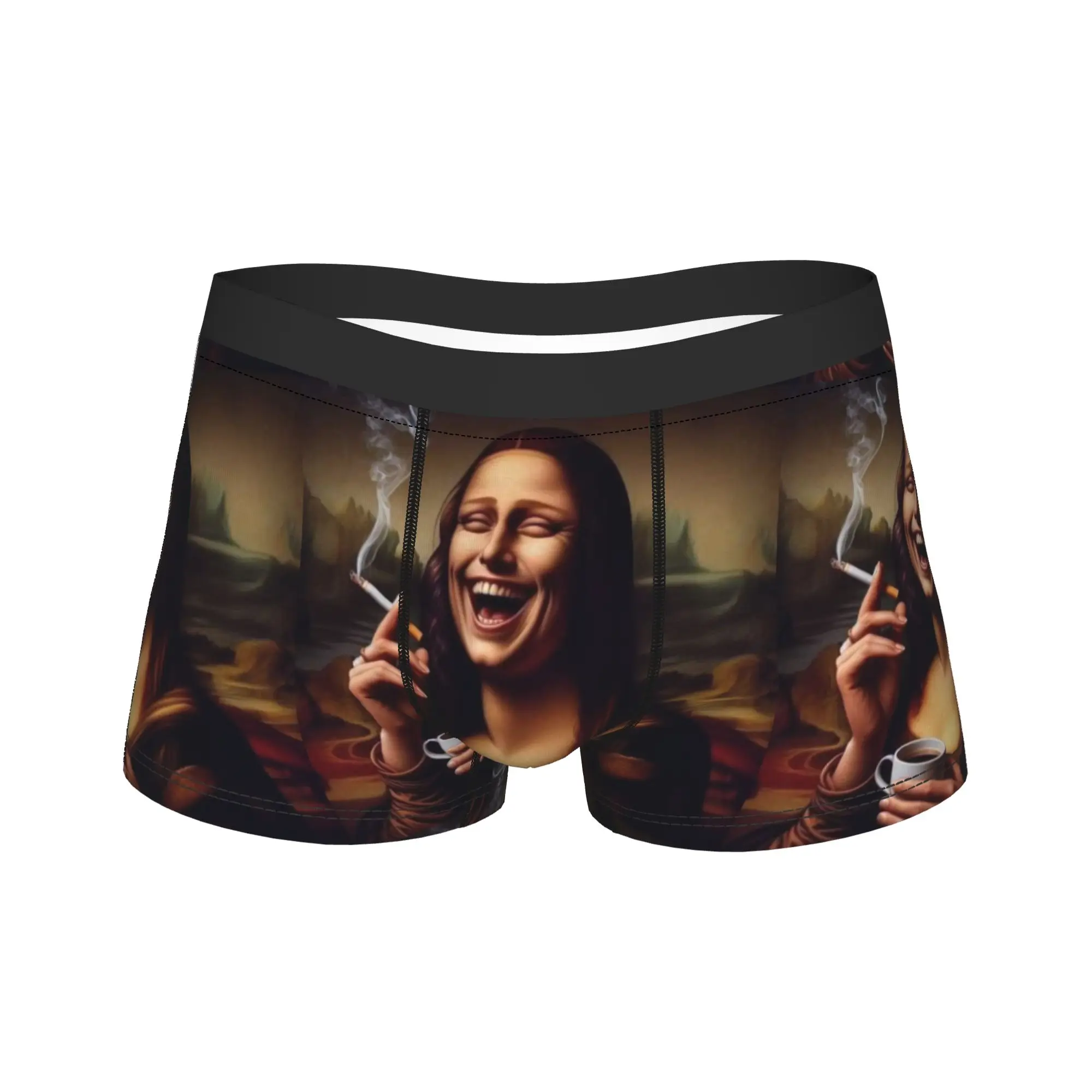 Funny Smoking Coffee Mona Lisa Underwear  Custom Boxer Shorts Hot Sale Men's Panties Sexy Soft Boxer Brief Birthday Gift