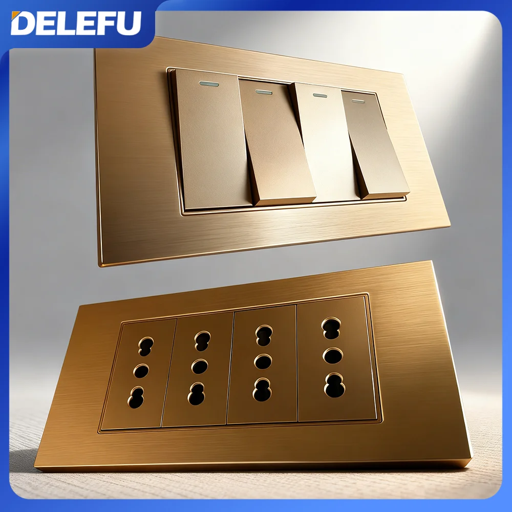 DELEFU Aluminium Wire Panel 145mm Golden Italian Standard USB C-type Fast Charging Wall Socket Switch TV Telephone CAT5 CAT6