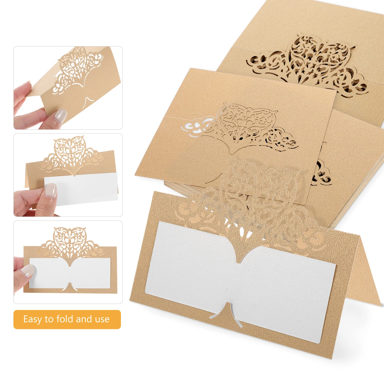

50pcs Vintage Love Hollowed Out Seat Name Card Wedding Party Paper Beige Golden Elegant Pastoral Style Banquet Cafe