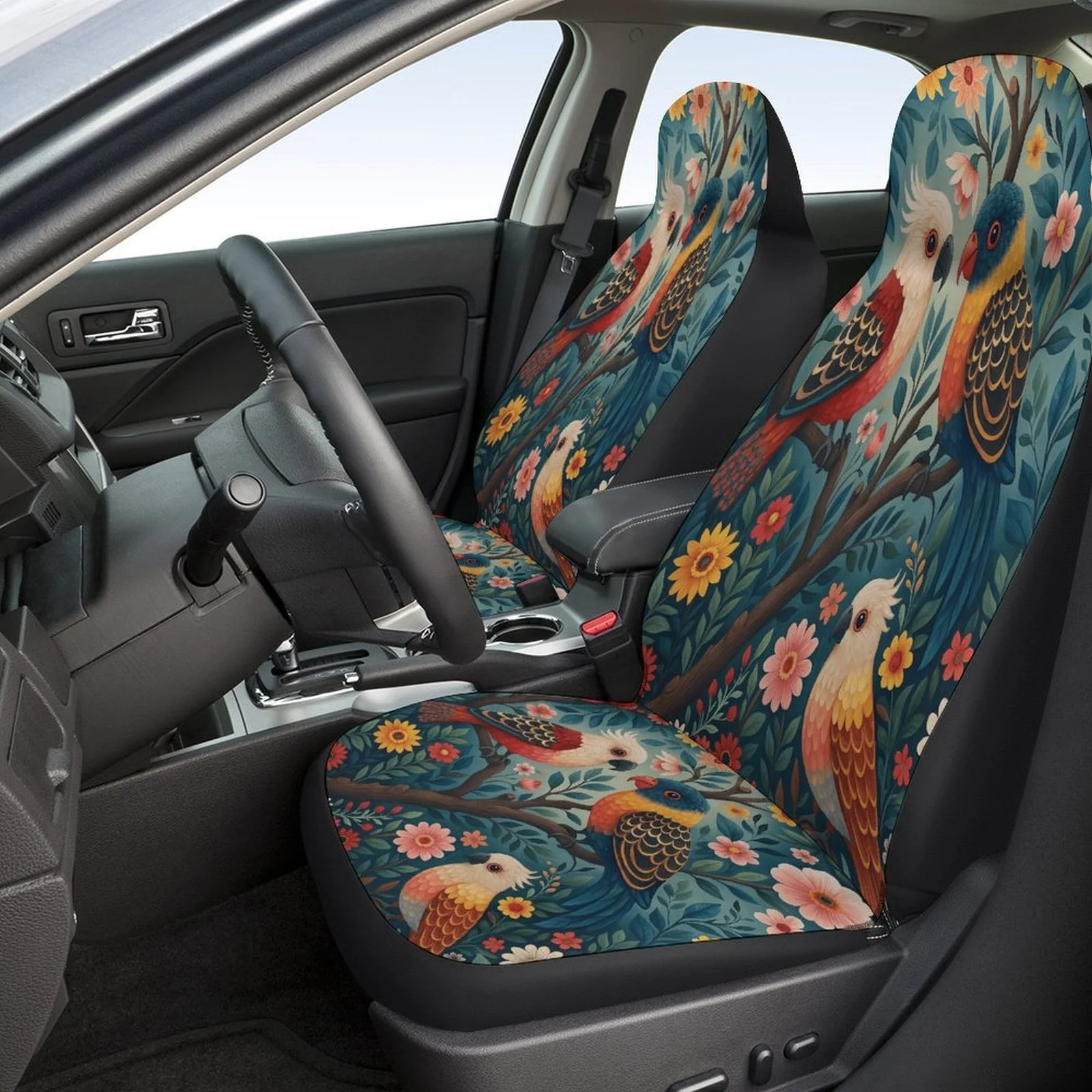 Parrots And Flowers Themed Car Seat Cover Set For Most Cars, Trendy High-Quality Car Seat Protector Covers Full Set, Universal C